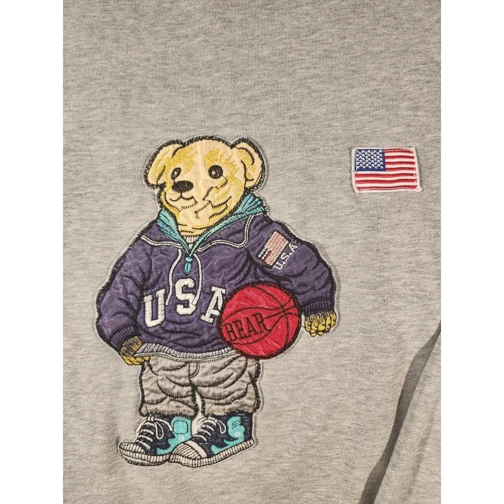 Polo Ralph Lauren Sweatshirt Mens XL Gray Bear USA Flag Basketball Fleece Lined‎